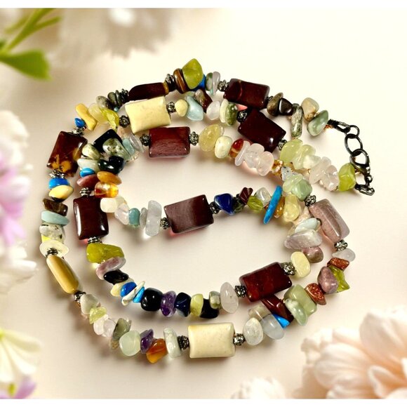 Mookaite & Gemstone Chip Necklace – 26" Boho Earthtone Strand - Picture 4 of 11